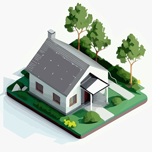 simple vector drawing, single color, vector image, house with trees and photovoltaic panels on the roof, isometric view, white background