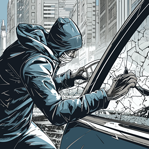 street level gangsta stealing a car, broken car window, vector art