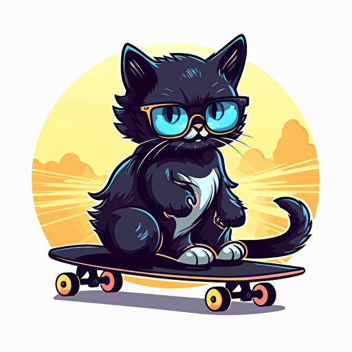 a vector illustration of a black cat riding a longboard skate, sticker design, the cat has cool sunglasses, isolated on white background