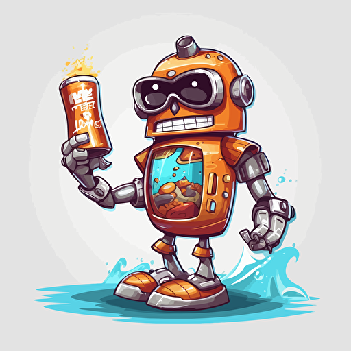happy robot holding a beer, cartoon graffiti, vector, no background, surfer
