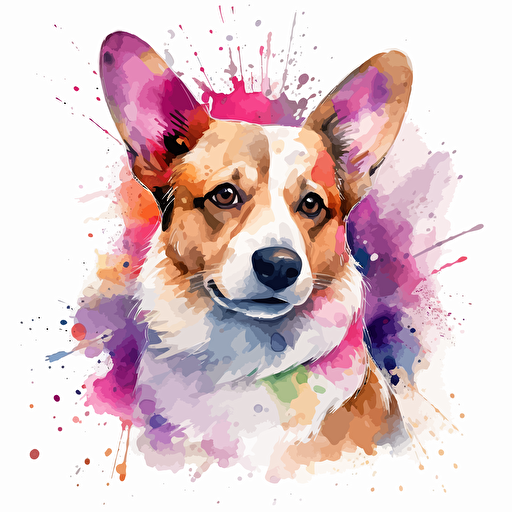 ultra cute corgi watercolor vector art, splash of color, white background,