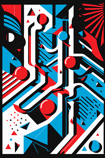 abstract hiking map, simple geometrical shapes, blue, red and white colors, pop art deco illustration, hand vector art, black background,