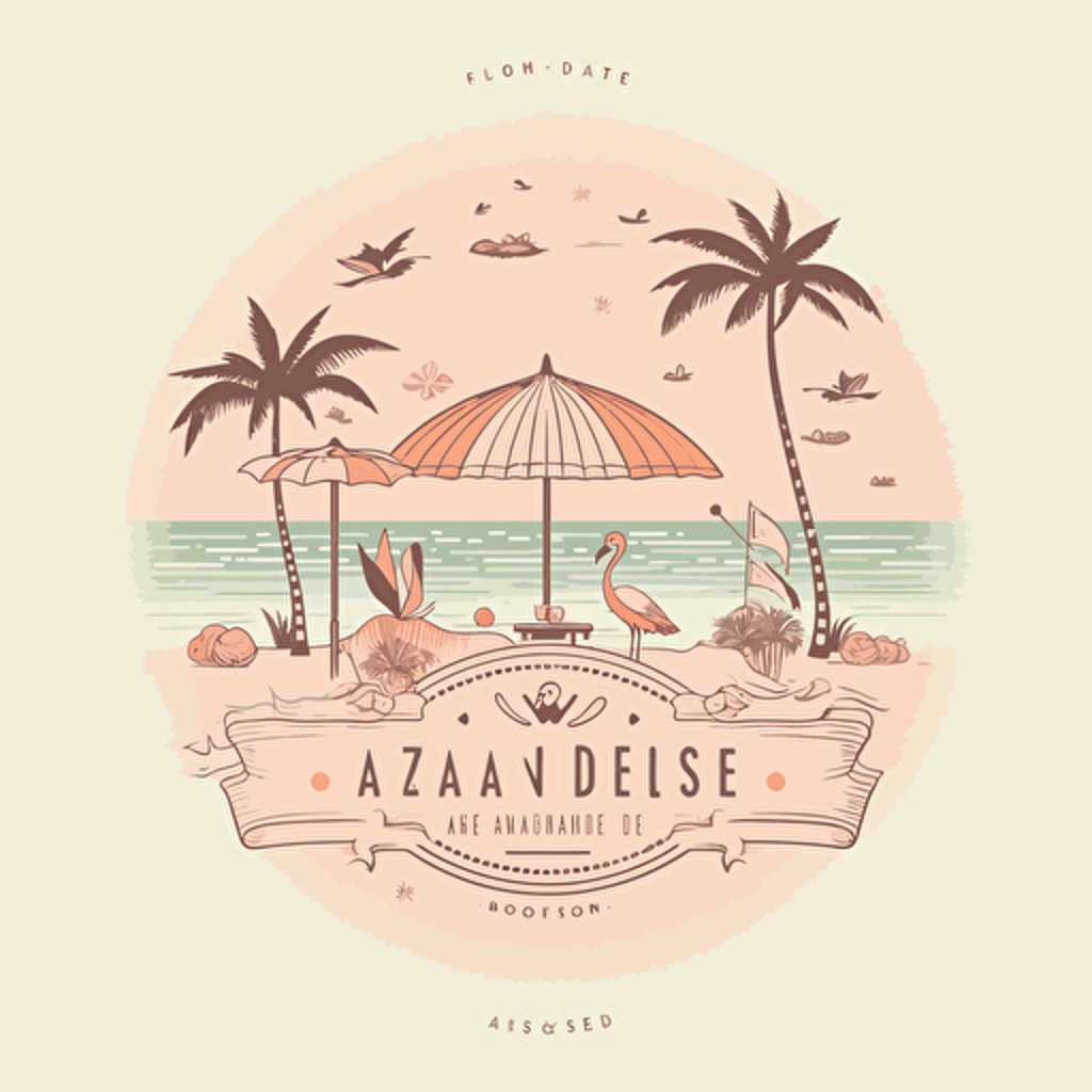 A charming logo for the paradise island catering to the affluent, inspired by Wes Anderson's signature style, incorporating pastel colors, a stylized beach scene with elegant umbrellas and beach chairs, and a touch of whimsy, Illustration, digital vector art to create a clean and memorable design,