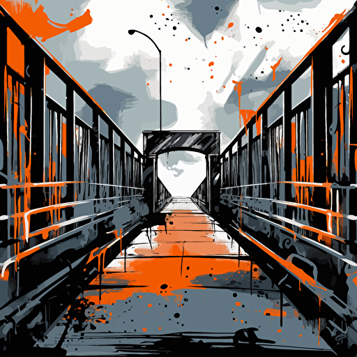a vector image of a bridge leading to a prison, black and orange and dark gray, graffiti style