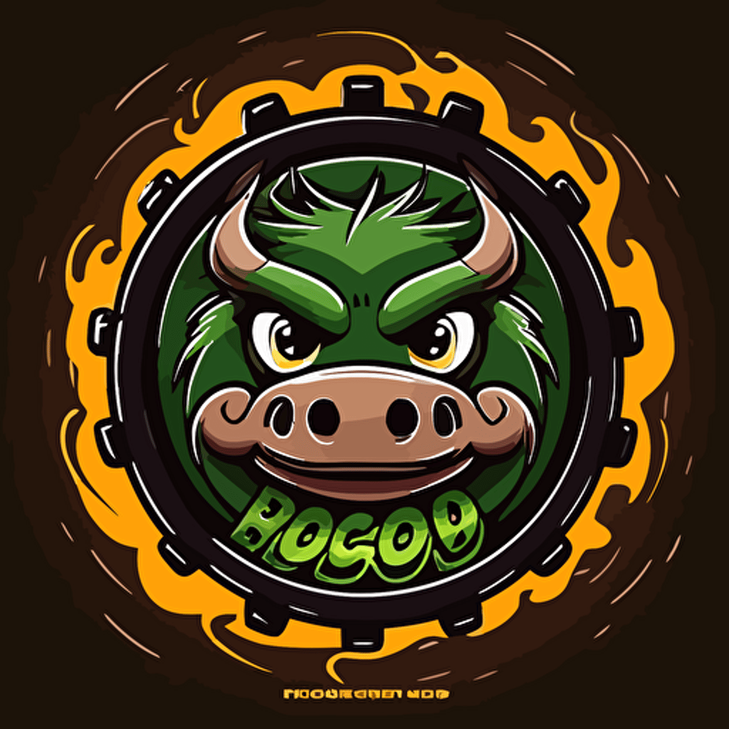 Logo for Bosco company, Circular tyre burning rubber, warthog, side shot, cartoon eyes, friendly but focused, wry smile, vector logo, vector art, emblem, simple, cartoon, 2d