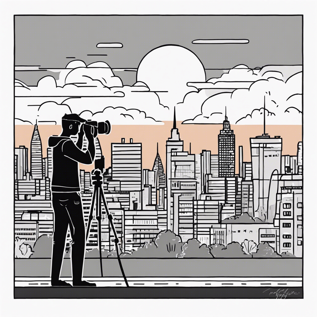 Photographer capturing a cityscape at sunset., illustration in the style of Matt Blease, illustration, flat, simple, vector