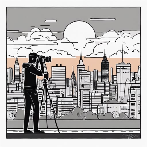 Photographer capturing a cityscape at sunset.