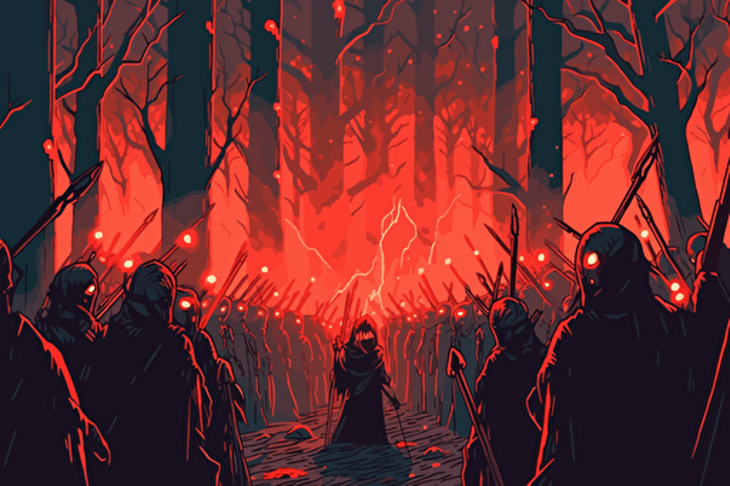 Dark fantasy retro cover art of medieval troops with torches surrounded by red glowing eyes in the dark, close up view of the troops, worried facial expressions, spiderwebs, horror, diablo, gloomy, atmospheric, fog, dark pinetrees, retro game, vector style, pixel art.