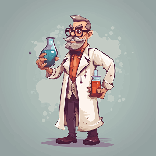 make a cartoon image out of this guy, with a chemist robe holding a lab equipment. 2d art, vector.
