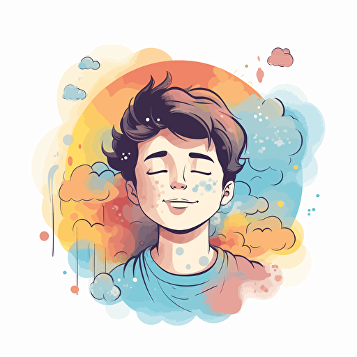 illustration vector of a child meditating :: an illustration vector of a boy :: a cloud comes out of the child's head that contains the things that the child is imagining inside :: adobe illustrator style, happy faces, white background, colored with hex: 90caf9 and hex: ffb347, UHD
