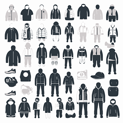A set of 30 different pictograms consisting of: a pair of shoes, a bagpack, pants, jacket, a beanie, gloves. The collection is meant to be easy to understand with easy shapes. Targetgroup: Kids age 3 to 7, gender-neutral. Specifications of image: Vector-art in 2D. No colors. Black and white only.