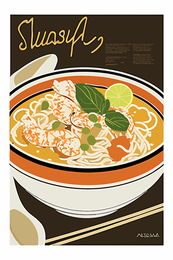 flat vector art illustration, poster featuring a bowl of Laksa, white background,