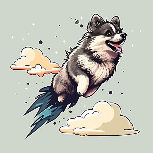 grey and brown, keeshond dog flying on top of a rocket, simple vector art, cartoon style, Adobe Illustrator style art ::