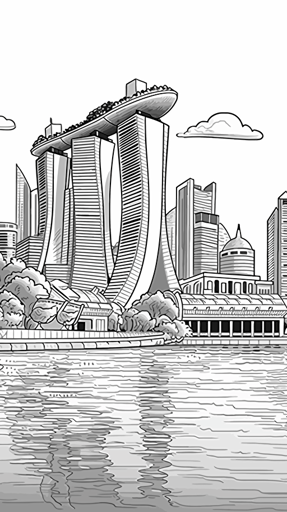 Singapore iconic architecture ignorant style No Shadow. Cartoon. Coloring page. Vector. Simple.
