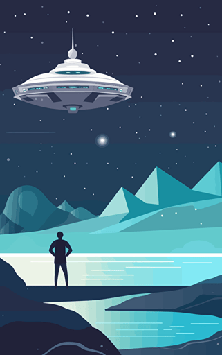 flat vector 80s illustration of a grey alien stood next to a sports spaceship, arms folded, looking at the milky way over an alien sea