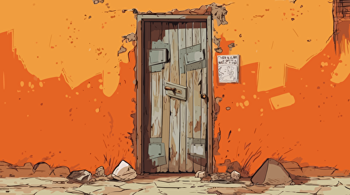 door in the widdle of an old orange decrepit wall, 2d animation, anime, vector image