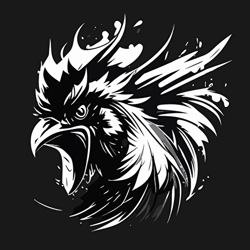 screeming rooster logo, angry rooster, vector, black and white, flat