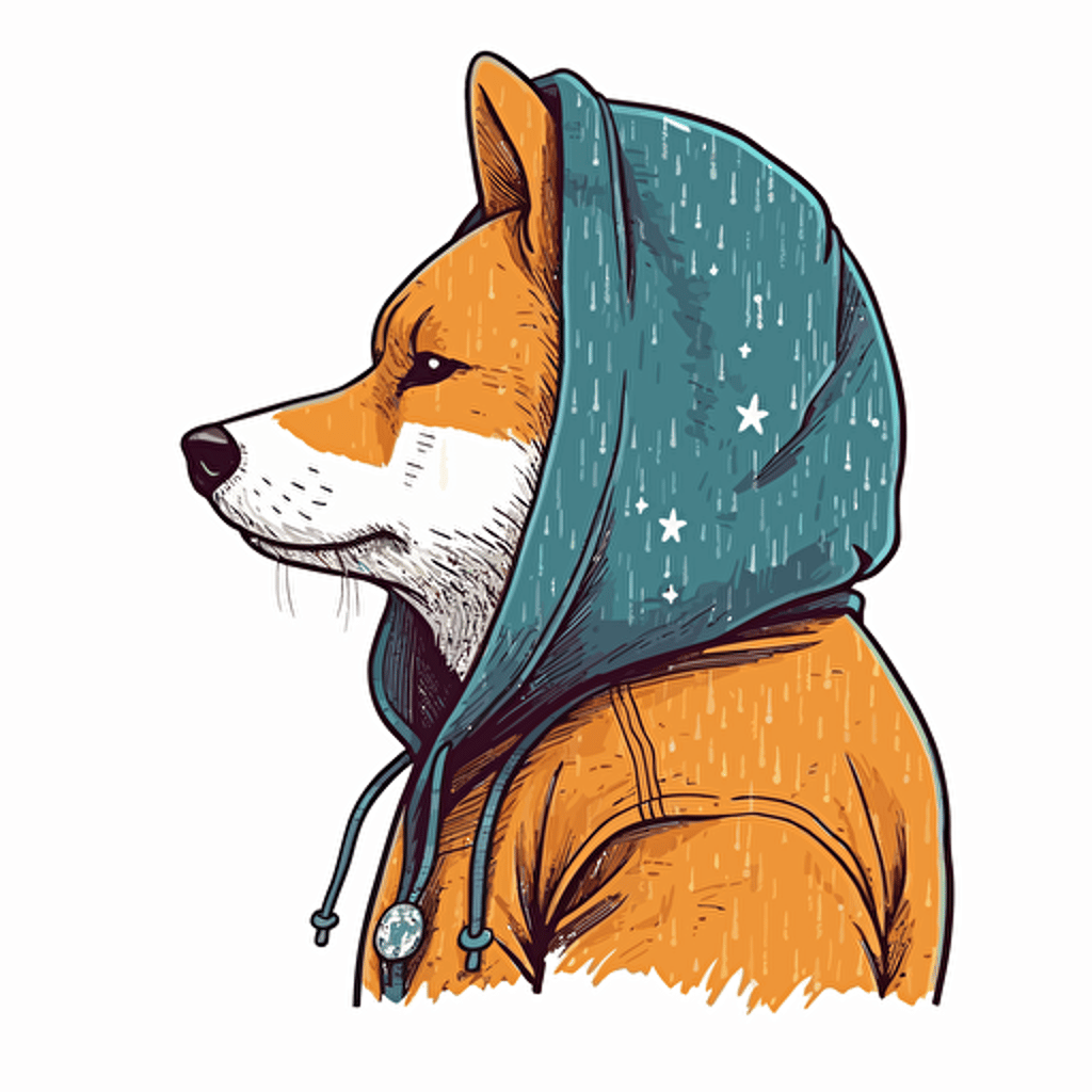 2/3 left side profile shot, cartoon 2d, Shiba Inu wearing a hoodie, cartoon anime, colors, surreal, Vector illustration, white background