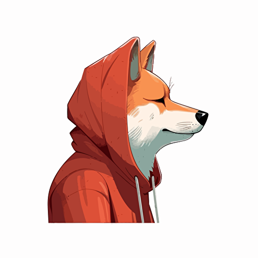 2/3 left side profile shot, cartoon 2d, Shiba Inu wearing a hoodie, cartoon anime, colors red, surreal, Vector illustration, white background