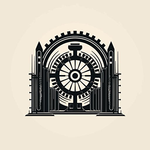 create a logo as simple as possible, with a large gear in the middle, and two large gate like fences surrounding it which are mirror images of each other. the logo should be in black and while, in minimalistic style, with a detailed gear and simple gates, vector