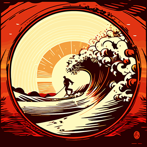 retro vector illustration, sunset and surfer on wave, circle composition, 1970s, comic book