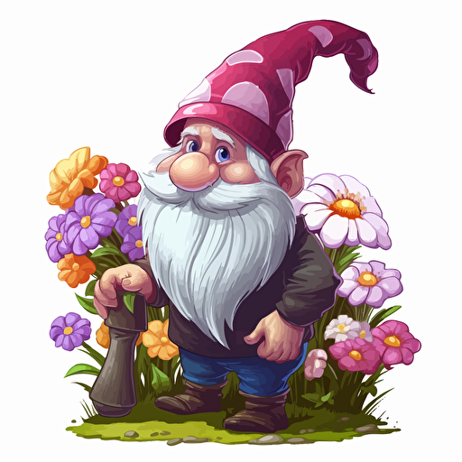gnome, flowers, detailed, cartoon style, 2d clipart vector, creative and imaginative, hd, white background