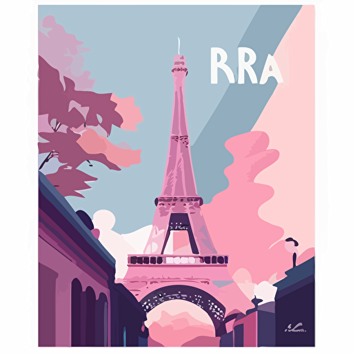 flat vector art illustration | travel poster featuring | Eiffel Tower Paris | pastel blues, pinks and purples | Wide Angle | ar 2:3