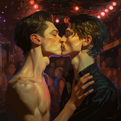 close-up of two flirtatious young gay men at a nightclub playfully leaning in for a romantic kiss, tanned chest, defined abs, gorgeous composition, highly detailed, soft lighting, dynamic pose, vector, style of yoann lossel, william merritt chase, robert mapplethorpe, yoshitaka amano, keith haring, rich colors
