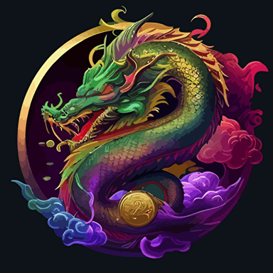 dragon chinese style with fire flames gold coins red clouds spheres chinese new year scifi vector detailed high definition purple green blue yellow