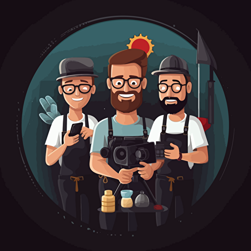 three guys making films. presentation style. vector style over black.