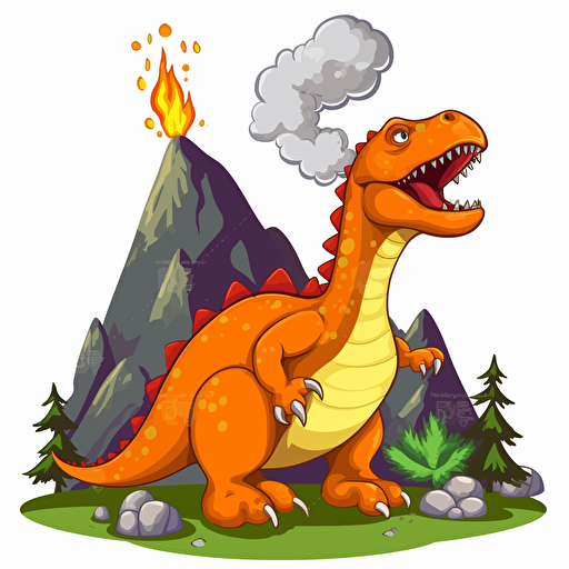 ferocious dinosaur near volcano, detailed, cartoon style, 2d clipart vector, creative and imaginative, hd, white background