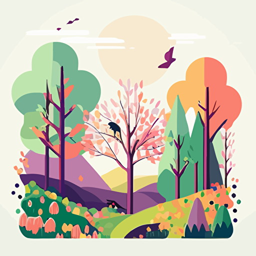 flat vector of spring scene with block colours. Bright with a light background