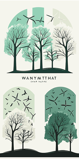 vector art logo of wind farm, with trees. Mint palette. Minimal style.