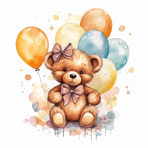cute teddy bear wearing a bow holding many brown and gold balloons , ultradetailed watercolor, vector