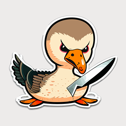 goose with knife in mouth, angry, colorful, sticker, vector, kawaii, white background