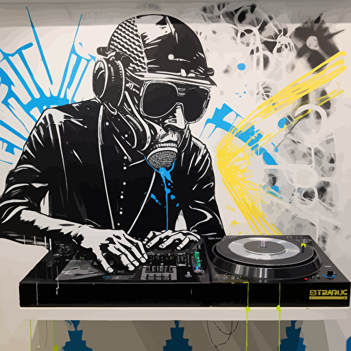 scratch dj with neon mask technics 1210 turntables and mixer, frank miller stencil, design, 2d, vector, white wall