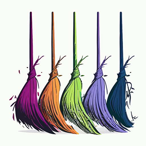 Witch brooms in a line, Sticker, Excited, Tertiary Color, Deviant Art, Contour, Vector, White Background, Detailed