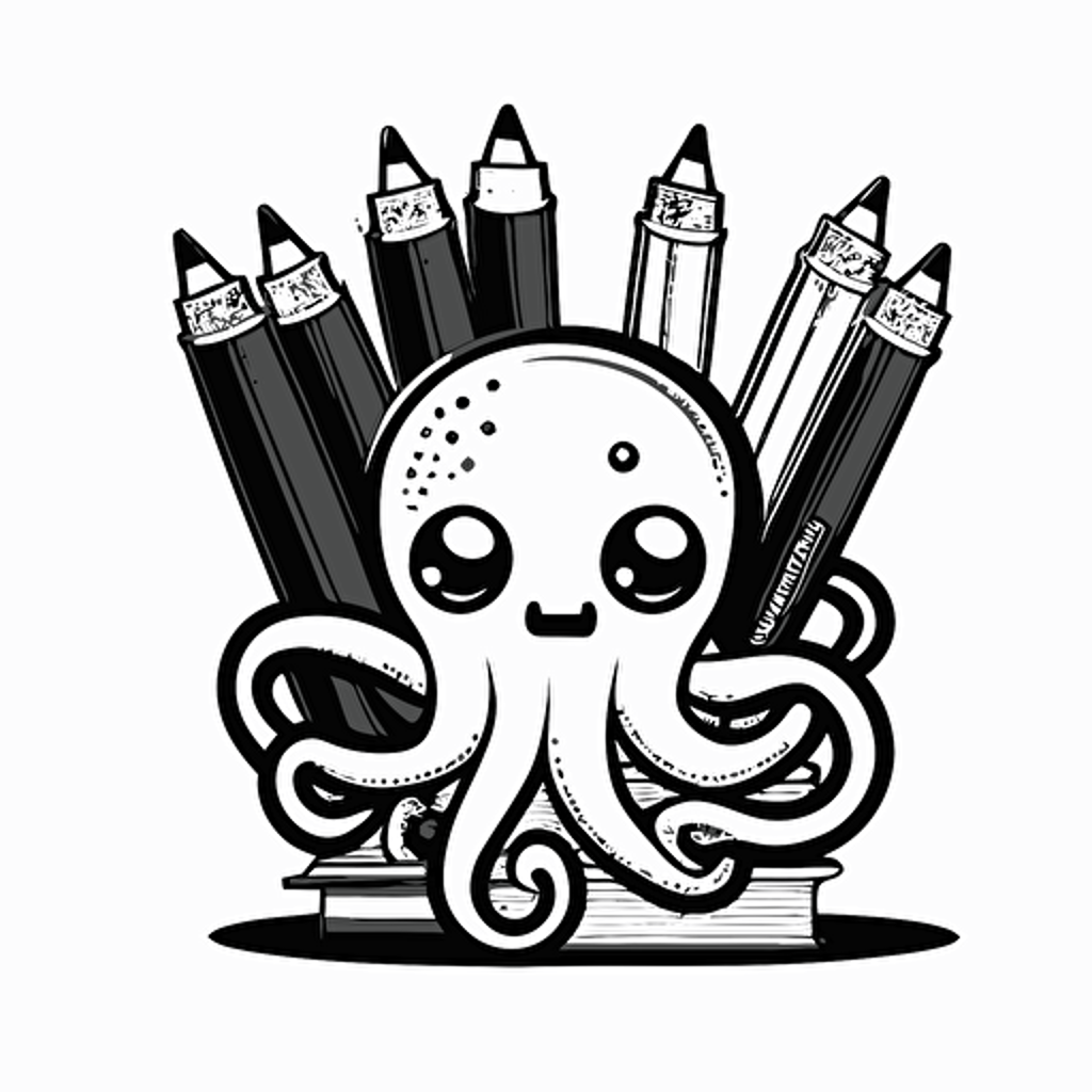 logo of an octopus holding pencils and books, cartoon style, line, vector, black on white background