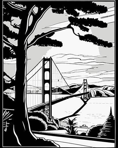 coloring page for children, Golden Gate Bridge and a view of North Bay, black and white comic book flat vector, white background