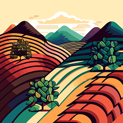 landscape coffee crops illustration, coffee bean, grower, 2d vectors, geometric, colors inspired by Colombia