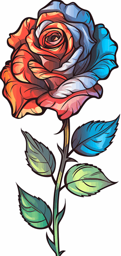 2d colorful single rose black outline transparent background vector