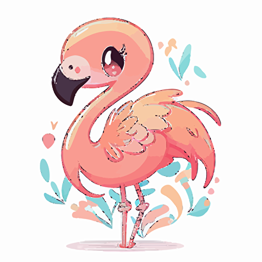 Vector cute kawaii flamingo, white background, pastel colors,winking,looking at the camera,thick legs ,clip art,no background