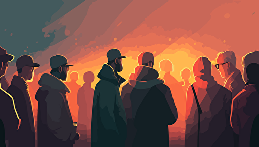 vector art, softly colored animated modern day people, small group, warmly praying together, sunny dawn background wide angle with some depth of field