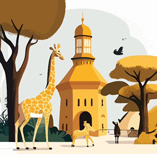 panoramic shot, giraffe in zoo, majestic, children's book disney style, flat colors, 2d, vector, white background