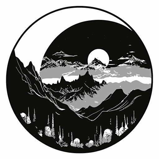 fantastical vast mountain range drawing, monotone, single layer, no shadows, #000000, 700mm diameter perfect circle, black outer border, vector art, daytime