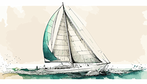 white sailing yacht on the ocean, watercolour, minimalist, vector, contour