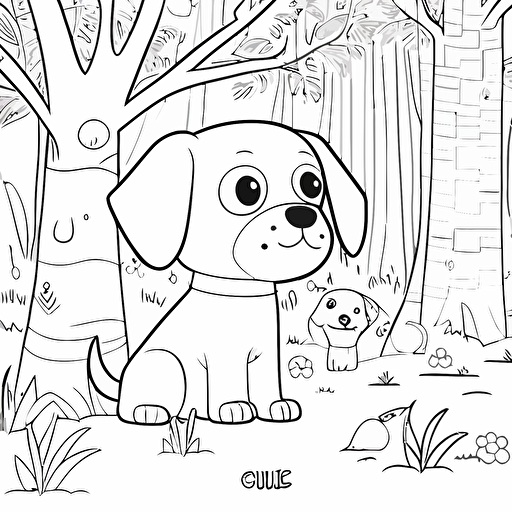 kids coloring page, cute dog in forest, big cute eyes, pixar style, simple outline and shapes, coloring page black and white comic book flat vector, white background