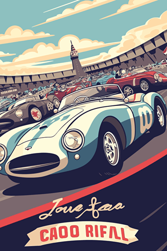 1960's car racing sport event in cartoon vector style clear light colours,