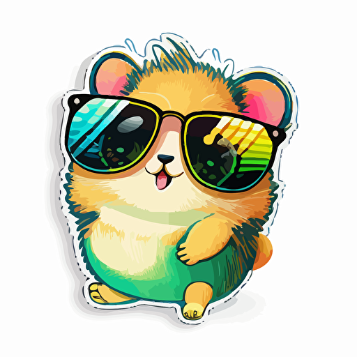 Kawaii cute happy animal wearing sunglasses, professional Sticker Design vector, contur white background