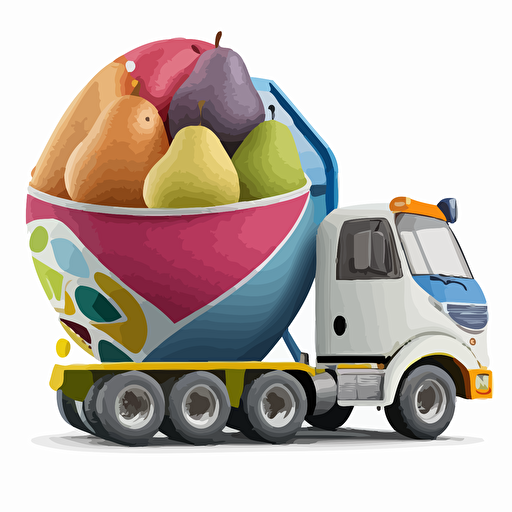 concrete mixer truck full of pears fruit, colorfull, vivid colors, white background, vector style